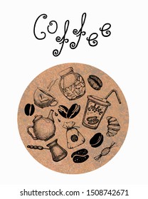 Vector illustration with coffee attributes and an alternative type of preparation of a drink in a funnel. Collection for design menu, cafe, restaurant, blackboard, advertisement, background