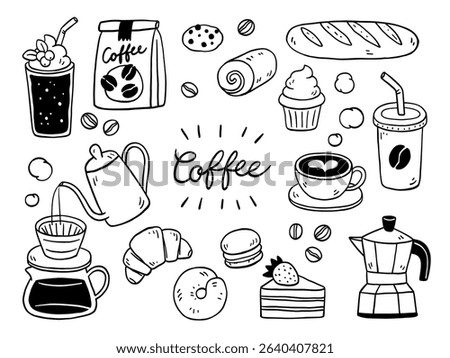 Vector illustration of coffee and bakery Set Collection – cafe and shop, food and drink concept, hand drawn doodle art style