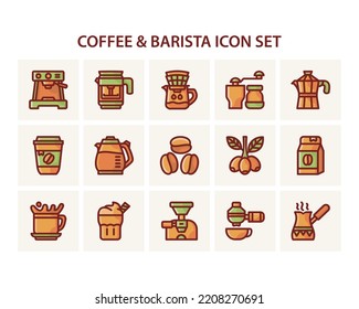 Vector illustration of coffee and barista icon set in colorful style