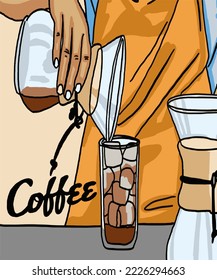 Ilustración vectorial del café. Barista hace café. Copa con capuchino, americano, espresso, mocha, latte, cacao. Inscripción del café. Vista del café para afiches, postales, revistas, publicidad. 
