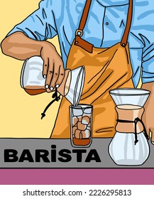 Ilustración vectorial del café. Barista hace café. Copa con capuchino, americano, espresso, mocha, latte, cacao. Inscripción de Barista. Vista del café para afiches, postales, revistas, publicidad. 