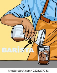 Ilustración vectorial del café. Barista hace café. Copa con capuchino, americano, espresso, mocha, latte, cacao. Inscripción de Barista. Vista del café para afiches, postales, revistas, publicidad. 