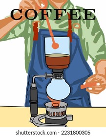 Vector illustration of coffee. Barista makes coffee. Cup with cappuccino, americano, espresso, mocha, latte, cocoa. Inscription of Coffee. Coffee view for poster, postcards, magazines, advertising. 