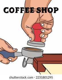 Vector illustration of coffee. Barista makes coffee. Cup with cappuccino, americano, espresso, latte, cocoa. Inscription of coffee shop. Coffee view for poster, postcards, magazines, advertising. 