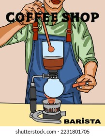 Vector illustration of coffee. Barista makes coffee. Cup with cappuccino, americano, espresso, mocha, cocoa. Inscription of coffee shop. Coffee view for poster, postcards, magazines, advertising. 