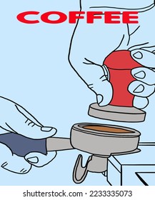 Vector illustration of coffee. Barista makes coffee. Cup with cappuccino, americano, espresso, mocha, latte, cocoa. Inscription of coffee. Coffee view for poster, postcards, magazines, advertising. 