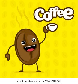  Vector illustration of coffee bean character with coffee lettering and pattern background made in funny style in bright colors.