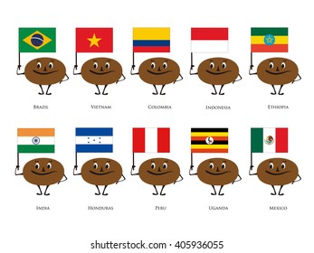 Vector illustration of coffee bean character with country of origin of the national flag