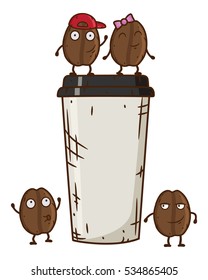 Vector illustration of coffee bean character with coffee cup. Cartoon dancing coffee beans.