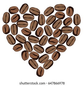 vector illustration of coffee bean heart isolated on white background.