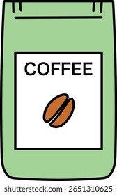 Ilustración vectorial de un paquete de granos de café con etiqueta y diseño simple, aislado sobre fondo blanco