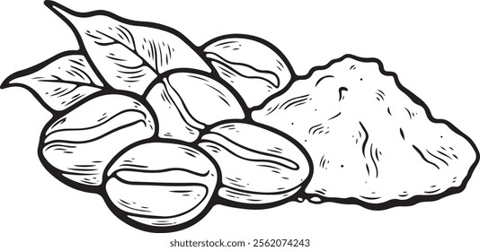 Vector illustration of coffee beans in a hand-drawn line art style. 