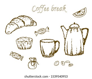 Vector illustration Coffee break, breakfast and morning icon set for menu design. Collection for breakfasts and brunches. Sketch sloppy, doodles, badges, black ink hand drawn on a white background.