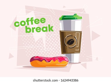 Vector illustration of coffee break concept, paper Cup with coffee, donut