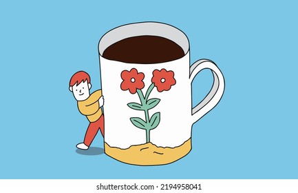 Ilustración vectorial del concepto de ruptura de café. Una gran taza de café y un joven.