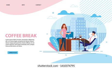 Vector Illustration Coffee Break Landing Page. Man and Woman are Resting in Office During Coffee Break. Girl Standing Near Table Colleagues in Office. Working Area and Aromatherapy.