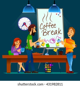 Vector illustration of coffee break in the office. Friendly conversation. Smiling colleagues. Funny moments. 
