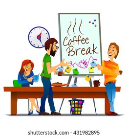 Vector illustration of coffee break in the office. Friendly conversation. Smiling colleagues. Funny moments. 