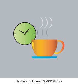 A vector illustration of a coffee break time icon, designed in a clean and modern style. The icon should feature a steaming coffee cup, combined with a clock to symbolize a scheduled break