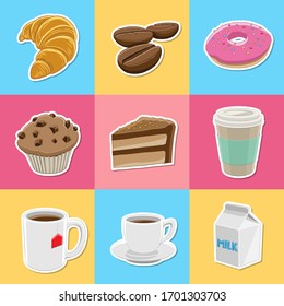 Vector Illustration of Coffee and Breakfast Sticker Icons on Colorful Backgrounds