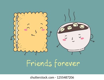 Vector illustration of Coffee or cacao with marshmallow hand cookie characters. Comic food characters and hand drawn quote Friends forever. 