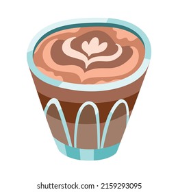 Vector illustration of a coffee cappuccino or flat white. Delicious drink in transparent glass. Orange, brown, beige colors. Hand drawn cartoon flat vector illustration