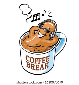 Vector illustration of coffee cartoon character relaxing in a mug. Concept design of coffee break.

