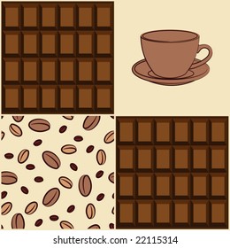Vector illustration. Coffee and chocolate design elements set. Seamless background.