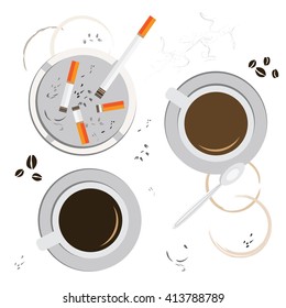 vector illustration / coffee and cigarette / table top view 