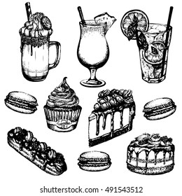 Vector illustration of coffee cocktails and sweets made in hand drawn sketch realistic style. Mojito, frappuccino, milkshake, pina colada. Template for card poster banner. 