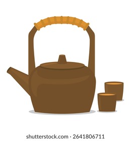 Vector illustration of coffee color Chinese teapot and teacup