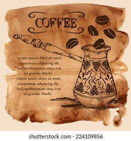 Vector illustration with coffee copper turk and beans on a vintage watercolor background