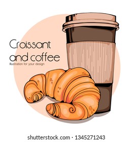 Vector illustration of coffee with croissant on a white background.