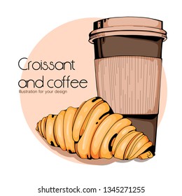 Vector illustration of coffee with croissant on a white background.