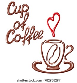 Vector illustration with coffee cup, coffee bean, heart and title. Suitable for cafe, coffee shop, coffee house or poster