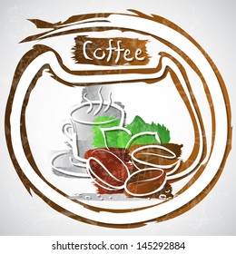 Vector illustration of coffee cup with beans and leaves