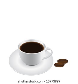 Vector illustration of a coffee cup and coffee beans. No gradient meshes used.