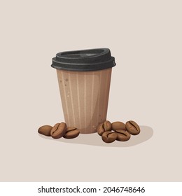 Ilustración vectorial de la taza de café y los granos de café.
