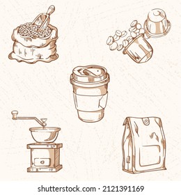 Ilustración vectorial de una taza de café, granos de café, bolsa de café, etc.