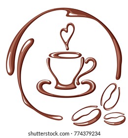 Ilustración vectorial con taza de café, granos de café, corazón y marco redondo. Ideal para cafés, cafés, cafés o carteles