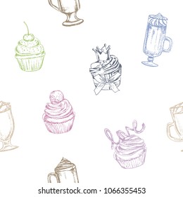 Vector illustration. Coffee cup and cakes seamless pattern. Chalk style vector.