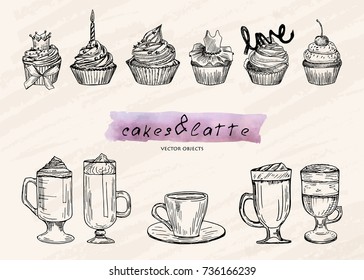 Vector illustration. Coffee cup and cakes vector set.