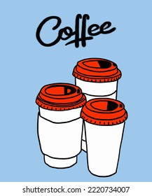 Vektorgrafik von Kaffee. Cup mit Cappuccino, Kamericano, Espresso, Mocha, Latte, Kakao. Einschreibung von Kaffee. Kaffeesicht für Poster, Postkarten, Zeitschriften, Werbung.