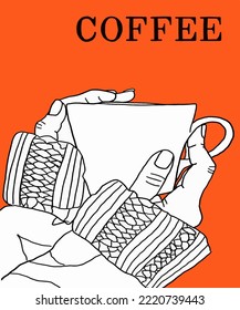 Vector illustration of coffee. Cup with cappuccino, americano, espresso, mocha, latte, cocoa. Inscription of  coffee. Coffee view for poster, postcards, magazines, advertising. Barista makes coffee.
