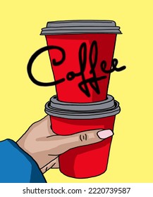 Vector illustration of coffee. Cup with cappuccino, americano, espresso, mocha, latte, cocoa. Inscription of  coffee. Coffee view for poster, postcards, magazines, advertising. Barista makes coffee.