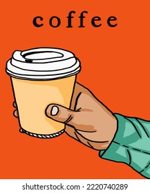 Vector illustration of coffee. Cup with cappuccino, americano, espresso, mocha, latte, cocoa. Inscription of  coffee. Coffee view for poster, postcards, magazines, advertising. Barista makes coffee.