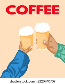 Vector illustration of coffee. Cup with cappuccino, americano, espresso, mocha, latte, cocoa. Inscription of  coffee. Coffee view for poster, postcards, magazines, advertising. Barista makes coffee.