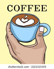 Vector illustration of coffee. Cup with cappuccino, americano, espresso, mocha, latte, cocoa. Inscription of  coffee. Coffee view for poster, postcards, magazines, advertising. Barista makes coffee.