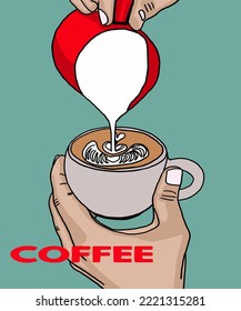 Vector illustration of coffee. Cup with cappuccino, americano, espresso, mocha, latte, cocoa. Inscription of  coffee. Coffee view for poster, postcards, magazines, advertising. Barista makes coffee.