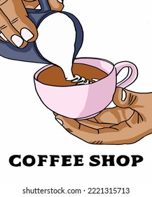 Vector illustration of coffee. Cup with cappuccino, americano, espresso, mocha, latte, cocoa. Inscription of  coffee. Coffee view for poster, postcards, magazines, advertising. Barista makes coffee.